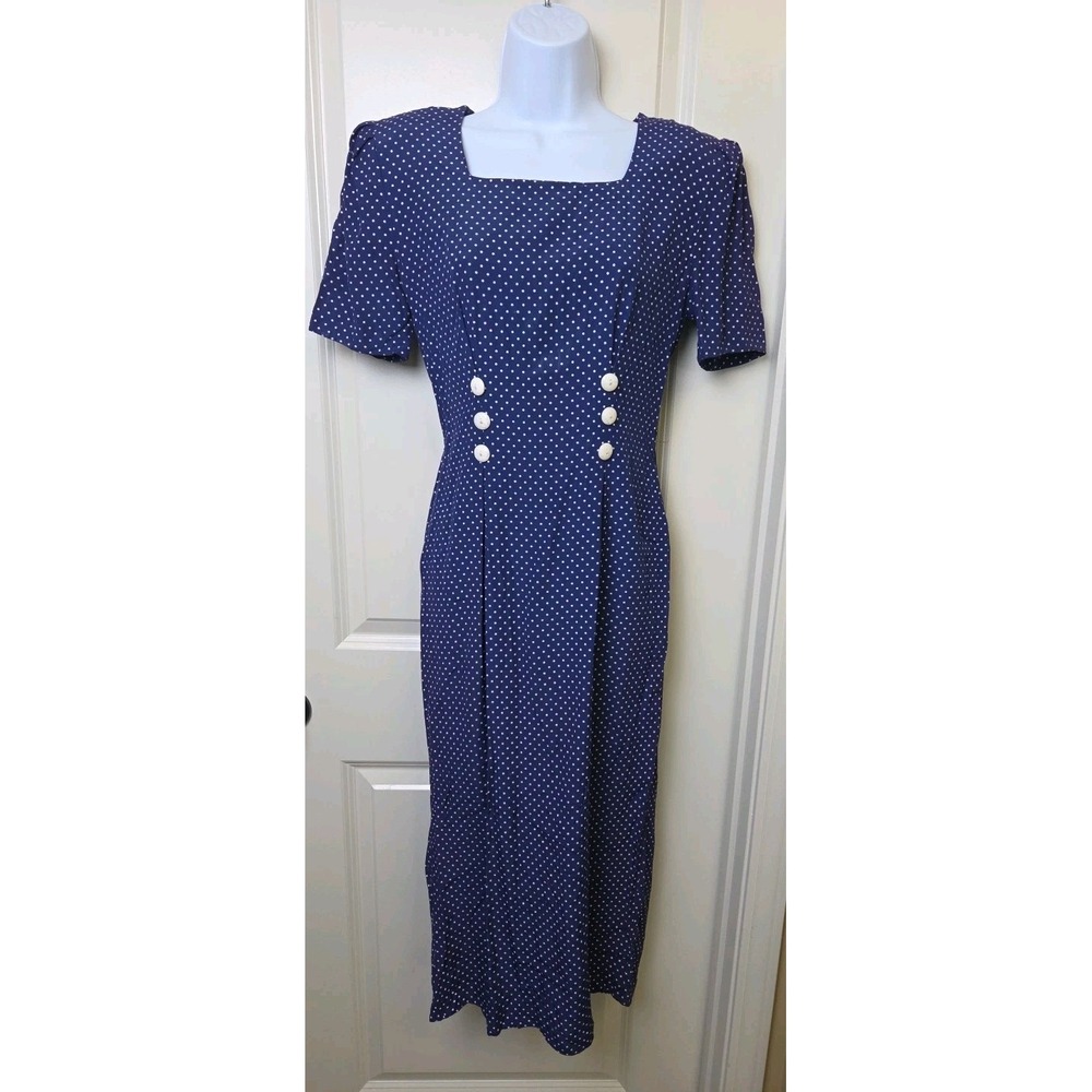 Vtg 1980s Sailor Polka Dot Day Dress Secretary Navy Blue Just Jacyln Size 5/6